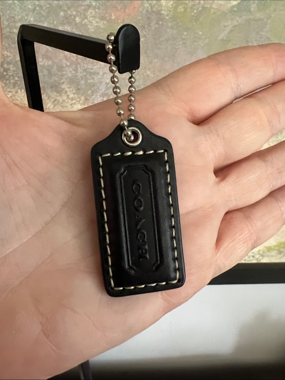 Coach Black Leather Hang Tag with White Stitching and Silver Bead Chain